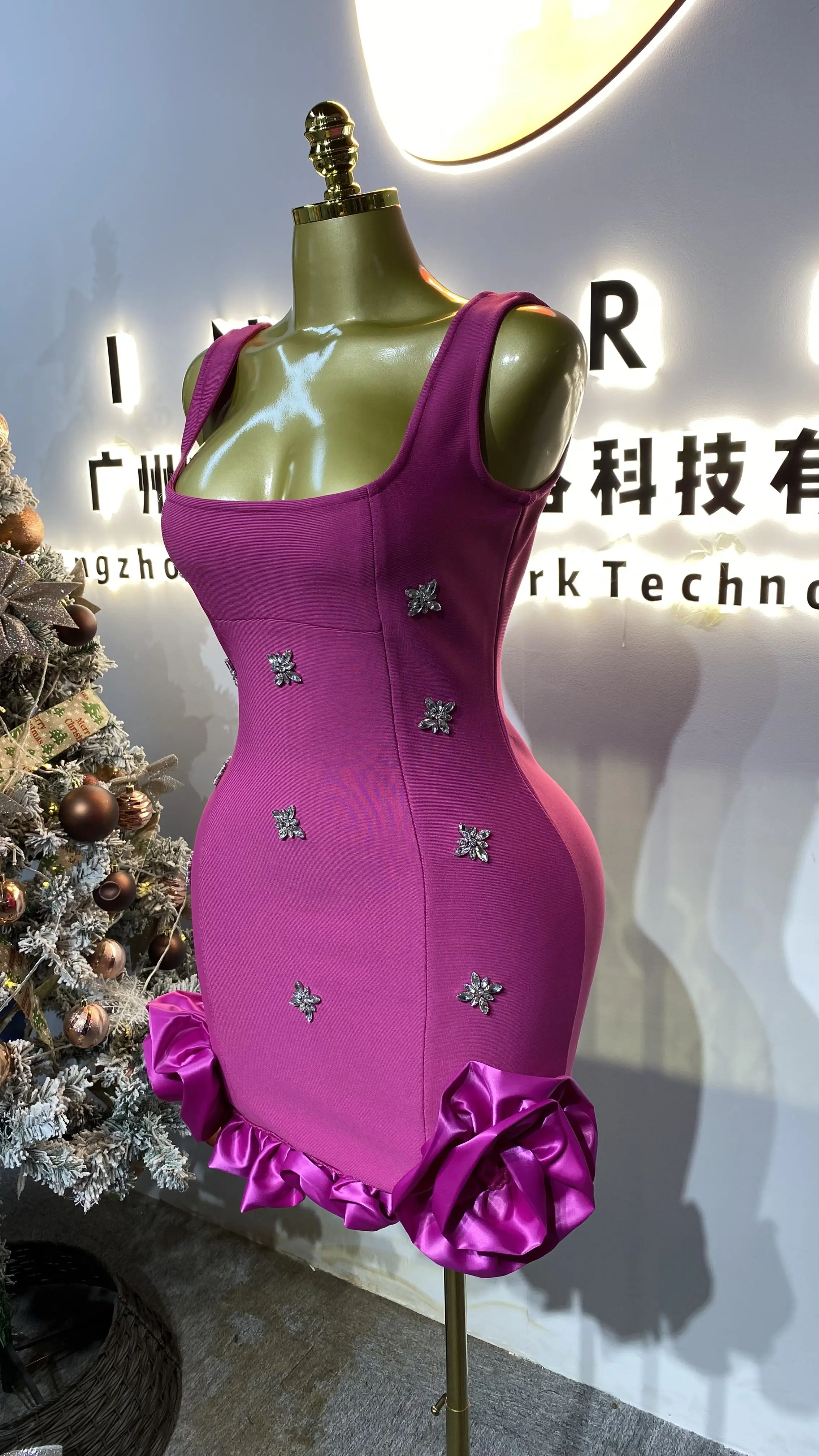 Rhinestone-embellished bandage dress, glamorous mini dress for women with 3D rose details.-GZXX326