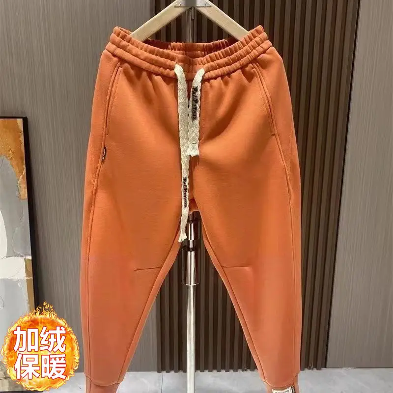 

Korean Trendy Autumn New Plus Velvet Men Solid Elastic Waist Pocket Drawstring Fashion Versatile Sports Loose Harem Sweatpants