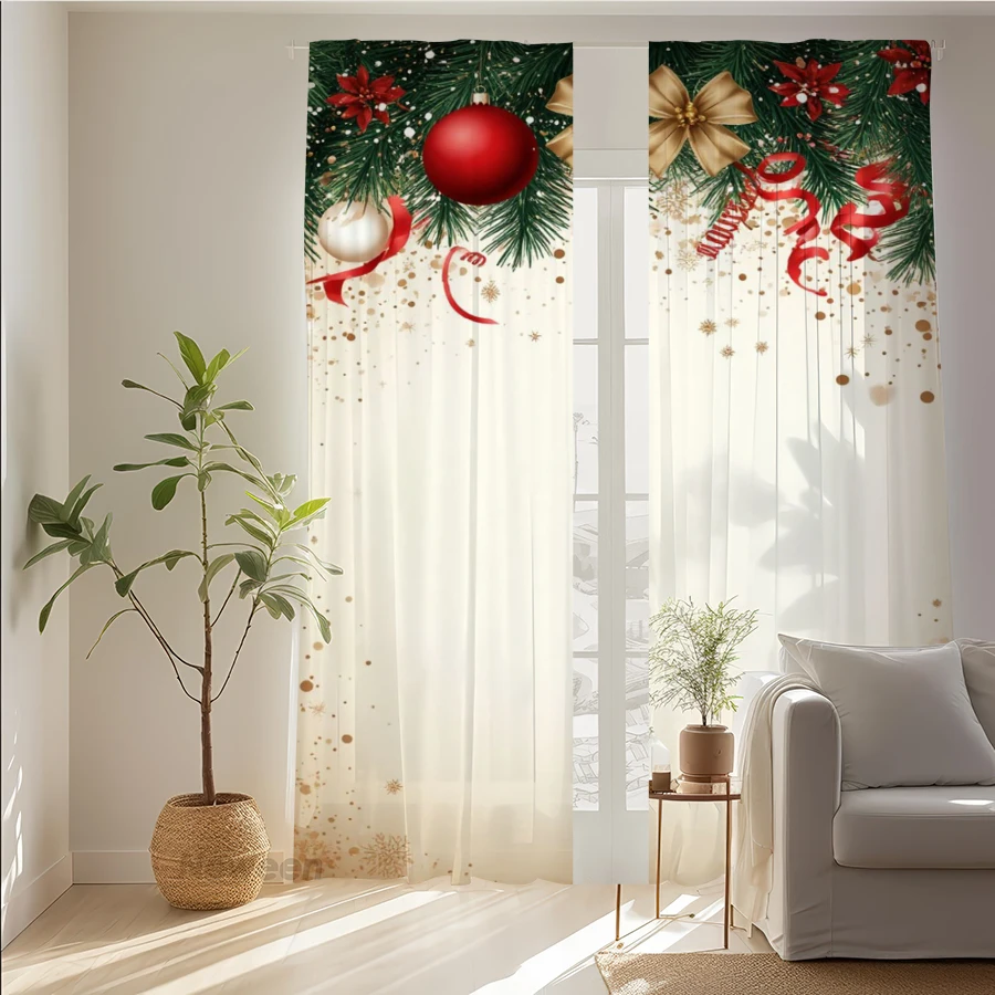 2PCS Christmas Sheer Curtains, Garland Gold Bow Ornament, Digital Print, Bedroom Living Room, Rod Pocket Polyester, Home Decor