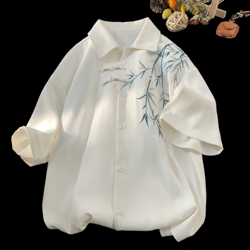 

Oversized Bamboo Embroidery Male Shirts Casual Loose Fit Button Down Men Shirts Summer Streetwear Tops Breathable Soft Fabric