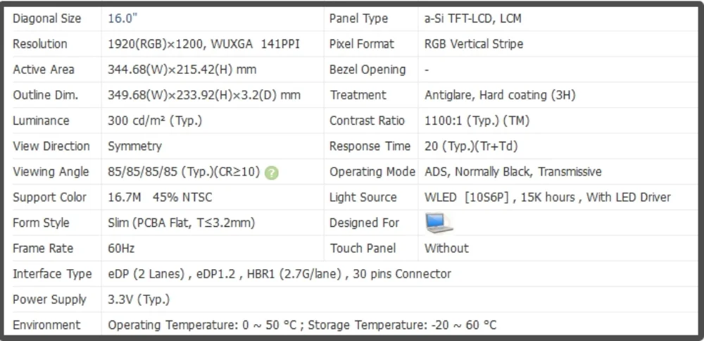 SD11K06AnthNV160WUM-N48 écran LCD 16 pouces pour ordinateur portable panneau IPS non tactile FHD 1920x1200 60Hz