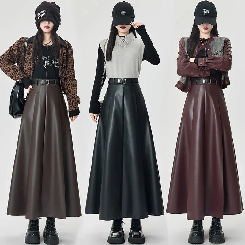 

Pu Leather Pleated Umbrella Skirts Coffee Black Leather Skirt Women's Autumn Winter 2025 New High Waist Long A-word Skirts