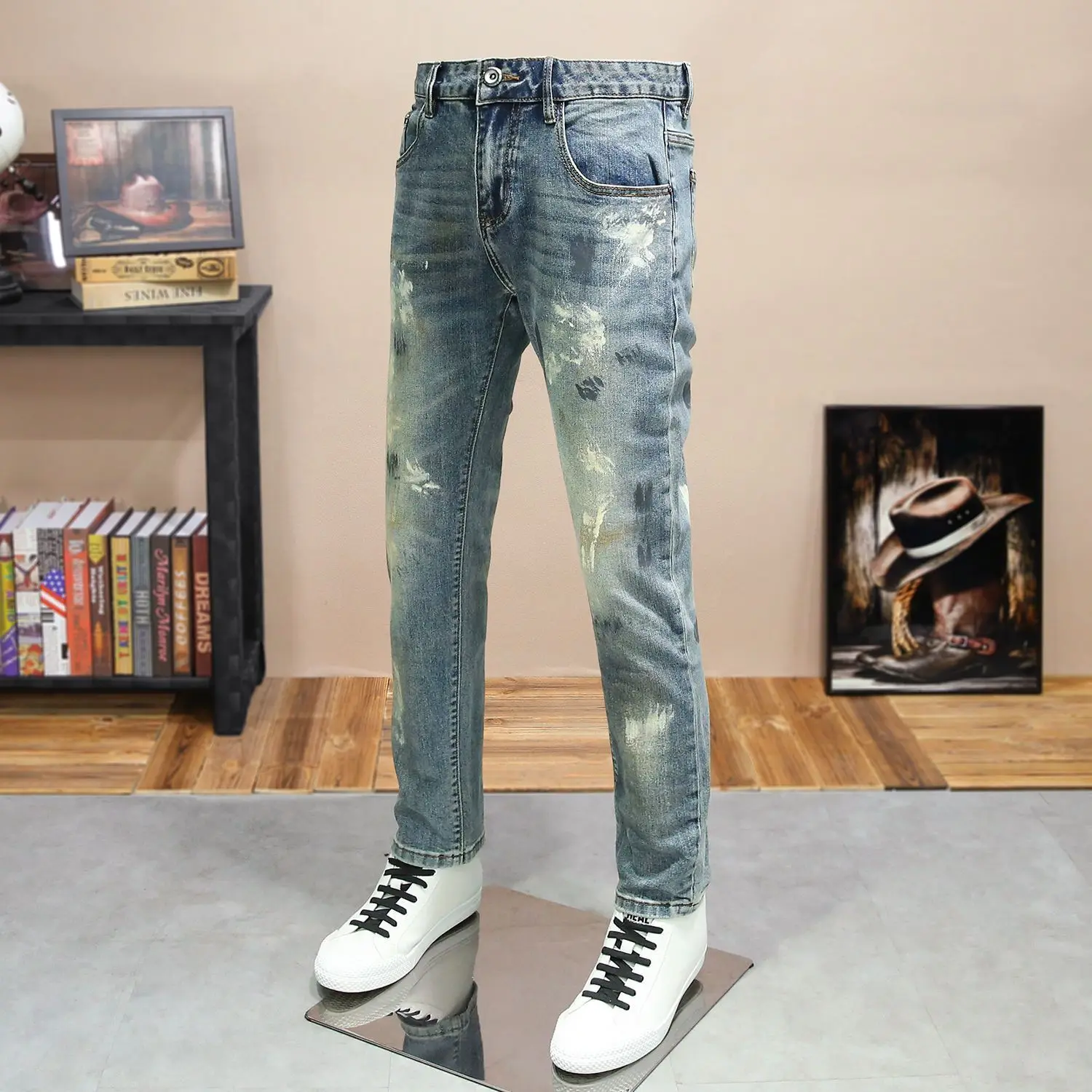 Small-footed Jeans 2025 New Men's Spring and Summer Trendy Brand Ink-splashing Trousers Slim and Thin Handsome Men Clothes Pants