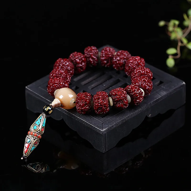Traditional Chinese Style Six Petal Polished Rudraksha Beaded Bracelet Nepal Craft Lucky Blessing Wealth Attracting Prayer Beads