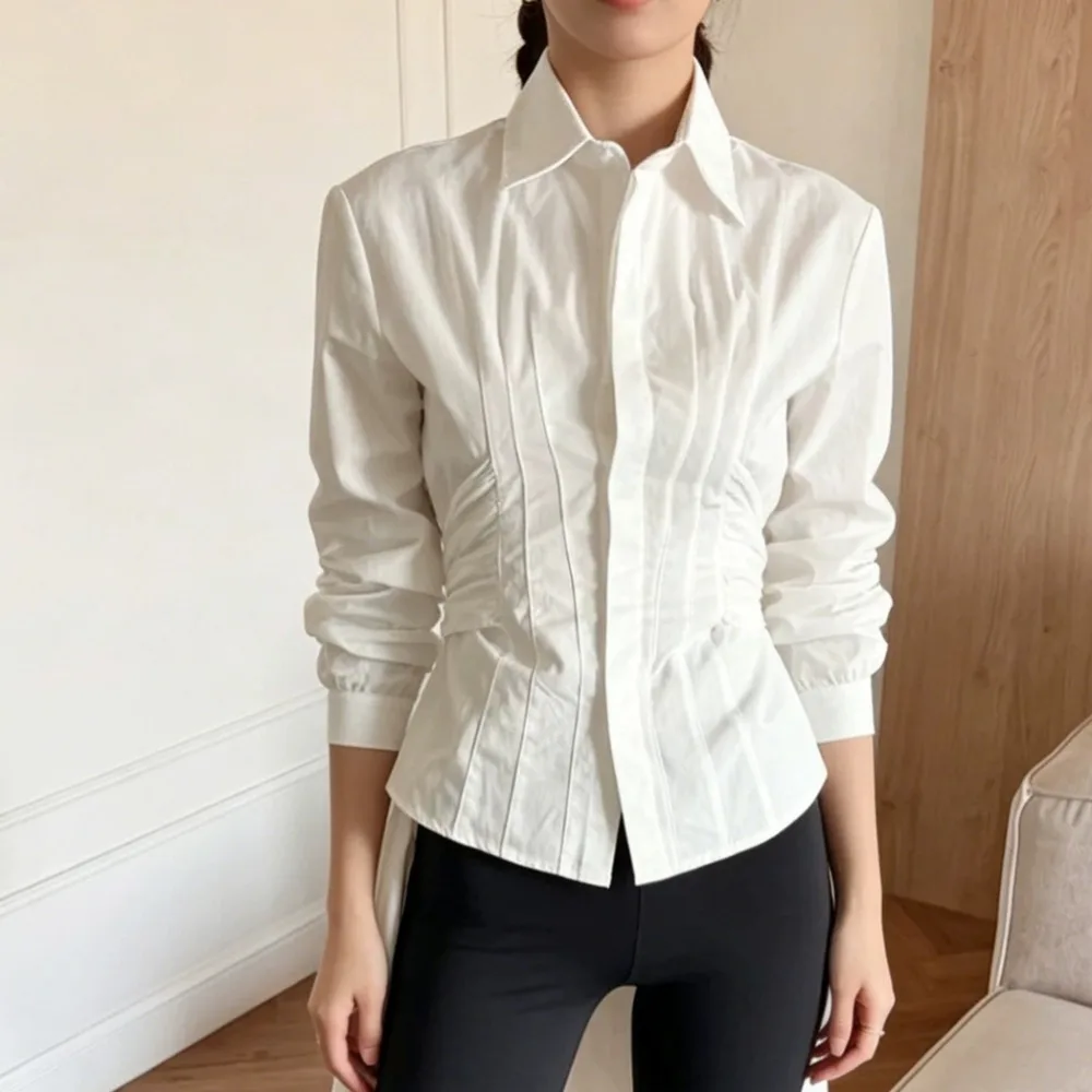 

Original Design Pleated Office Cotton Shirt Spring and Summer Women Simple Solid Slim Soft Breathable Casual Long Sleeved Shirt