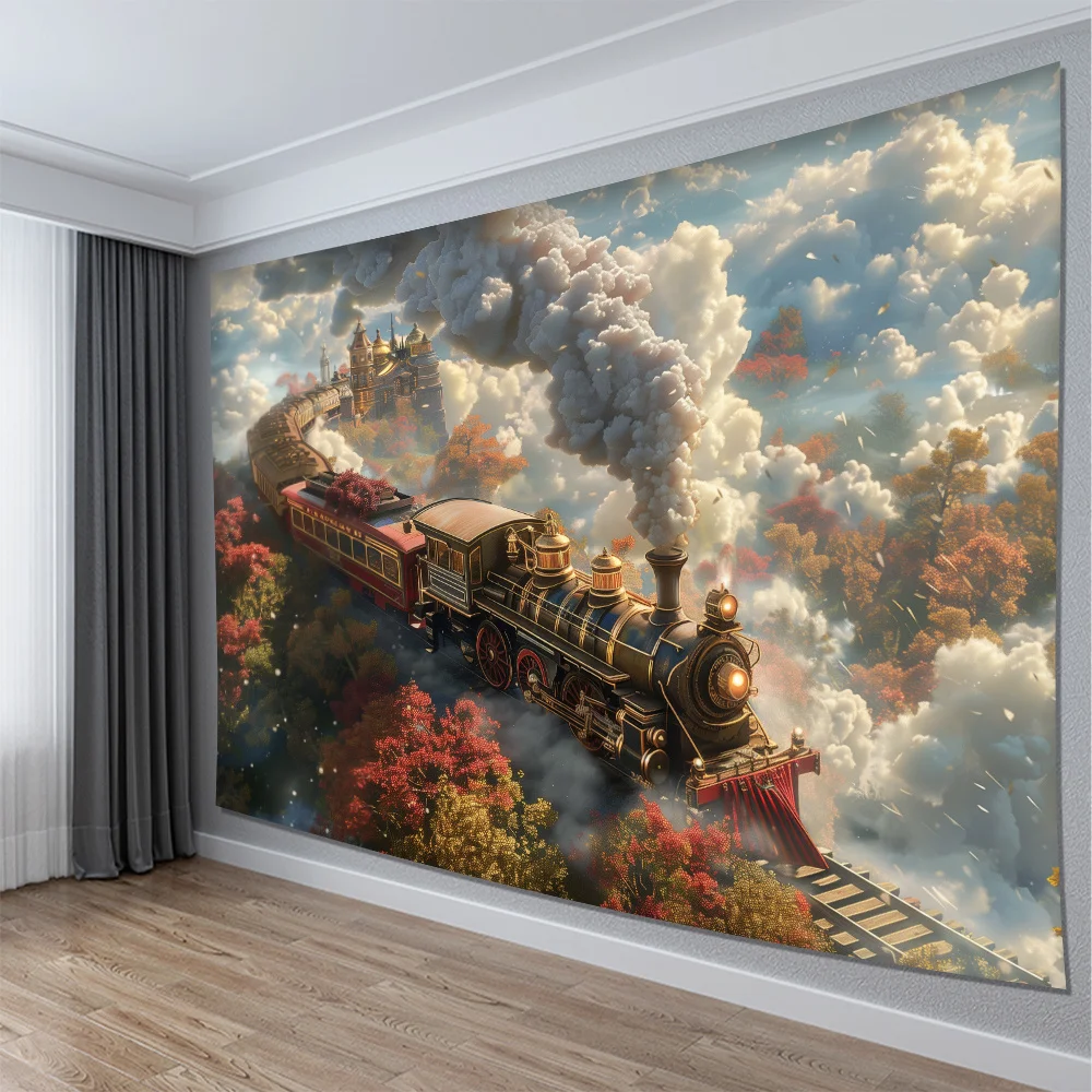 Massive Steampunk Train Adventure Wall Tapestry Fantasy Train Journey Gothic Castle Forest Art Home Decor