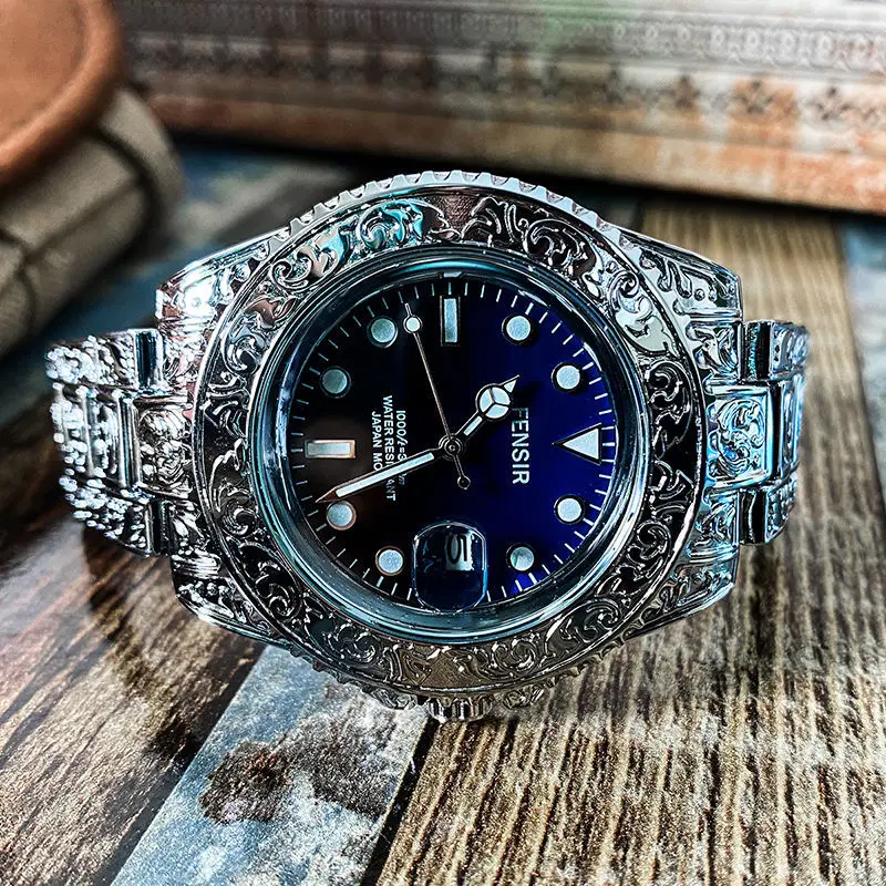 

Высоко выглядящие ретро резные часы для мужчин, модные градиентные светящиеся водонепроницаемые кварцевые часы, персонализированные универсальные повседневные мужские часы с деловым календарем, бренд первой выбора подарков