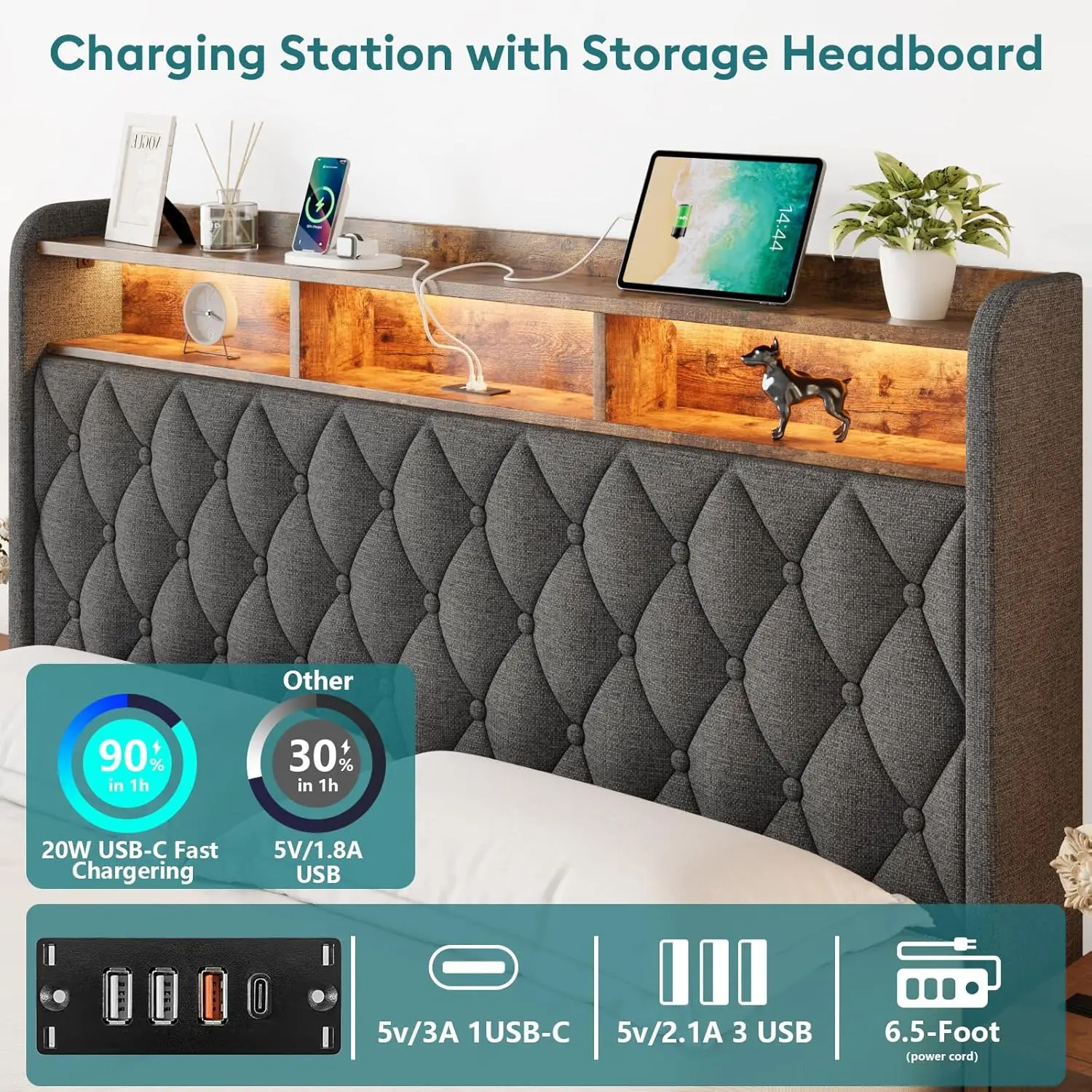 Lift Up Full Size Bed Frame with Headboard, Upholstered Platform Bed with LED Lights & Charging Station, Hydraulic No Box Spring