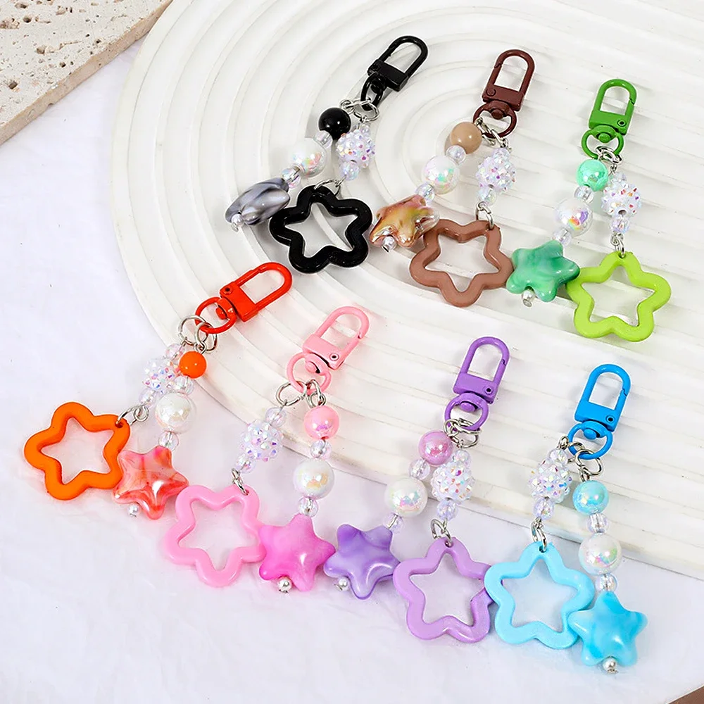 Gradient Color Star Beaded Keychain Imitation Pearl Acrylic Hollow Pentagram Keyring Girls Earphone Case Phone Decor Ornaments