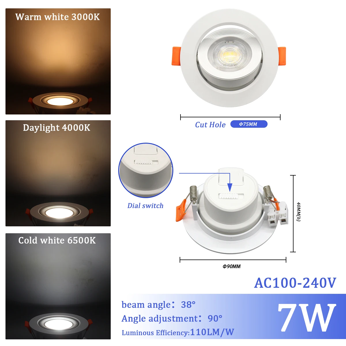 1-10 stks 7 W 3 CCT LED Kleur veranderen 3000 K 4000 K 6000 K LED Plafondspot ingebed licht AC 110 V 220 V Aanpassen 90 °   verlichting Spot