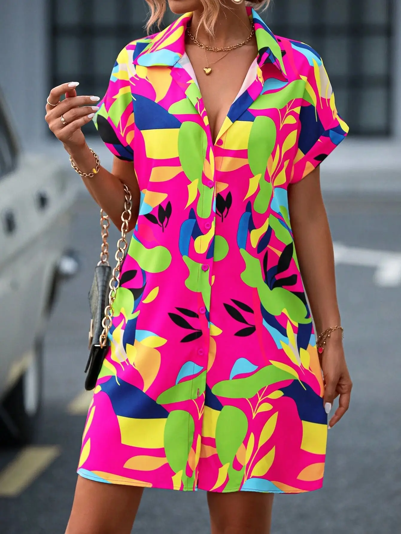 

2025 New Women's Shirt Dress Lapel Summer Everyday Casual Short-sleeved Fashion Single-breasted Dress Printed Elegant Robe Femme