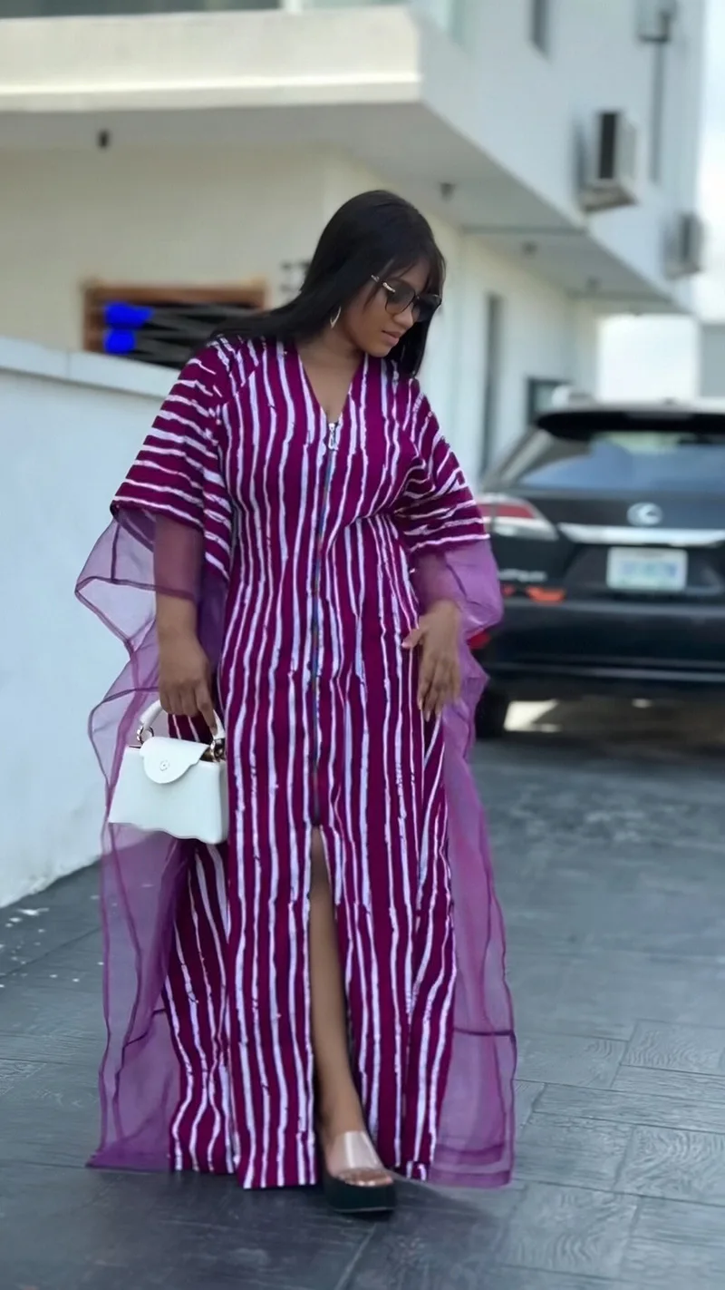 Striped Mesh Patchwork African Dresses For Woman Plus Size V Neck Maxi Dress Africa Clothing Dubai Abyas Robe 2026 Spring