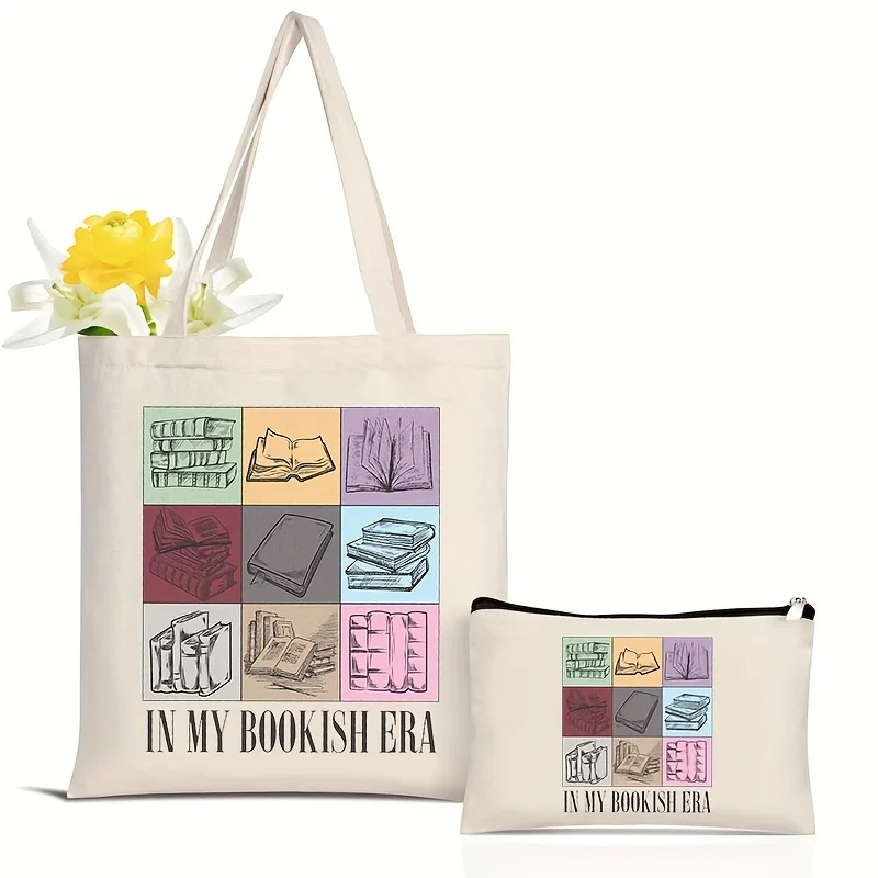 2 pezzi in My Bookish Era Print Tote Bag borse a tracolla da viaggio in tela con borsa per il trucco borsa da scuola letteraria borsa per la spesa