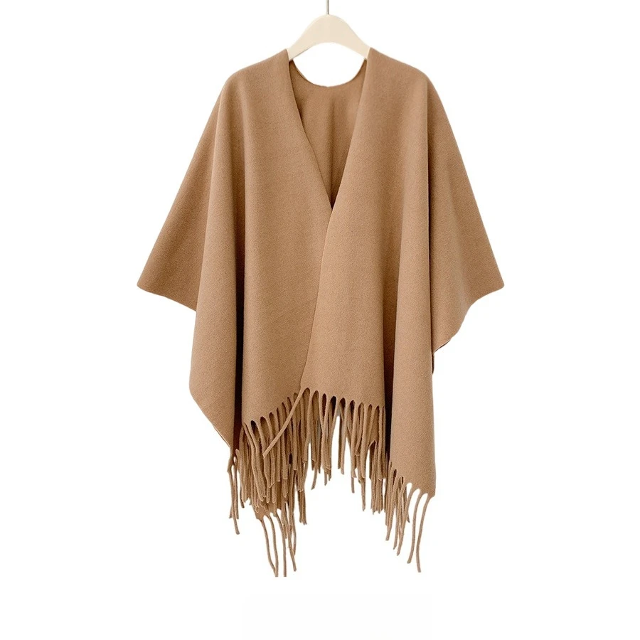 Solid Color Wool Blend Poncho Shawl for Women Thick Warm Winter Cape Wrap Large Shoulder Neck Cover for Daily Wear