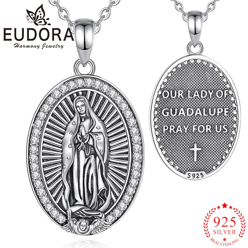 Eudora 925 Sterling Silver Virgin Mary Necklace Vintage Cross Pendant Christian Amulet Fine Zircon Jewelry Gifts for Women