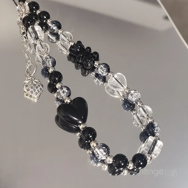Mobile Phone Lanyard Short Women's Black and White Color Crystal Hand Beaded Love Bear Jewelry Bracelet Small Fresh Chain image 3