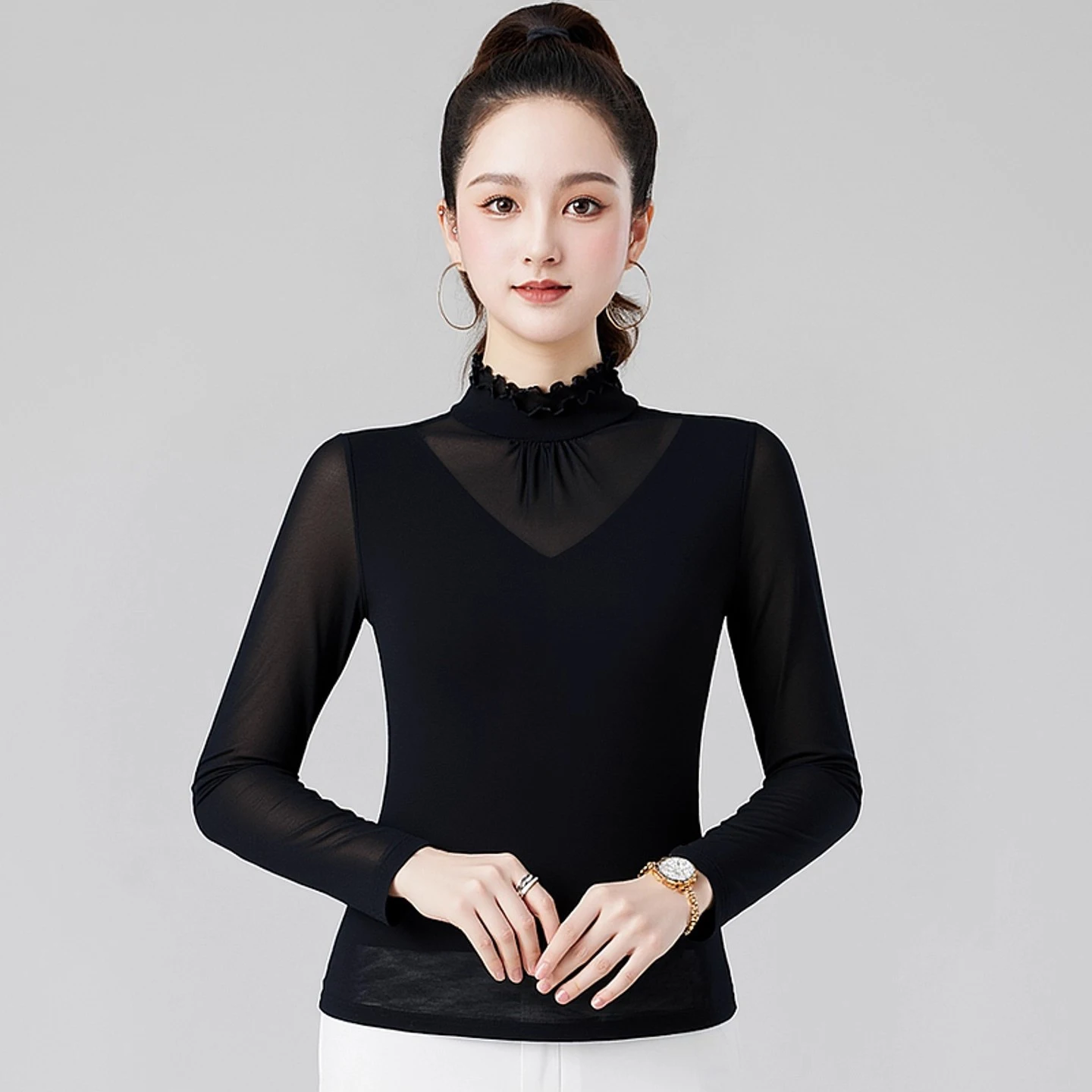 

New Female Women Latin Dance Top Long Sleeve High Neck Top Winter Clothing Chacha Ballroom Modern Dance Costumes Wear DQL12077