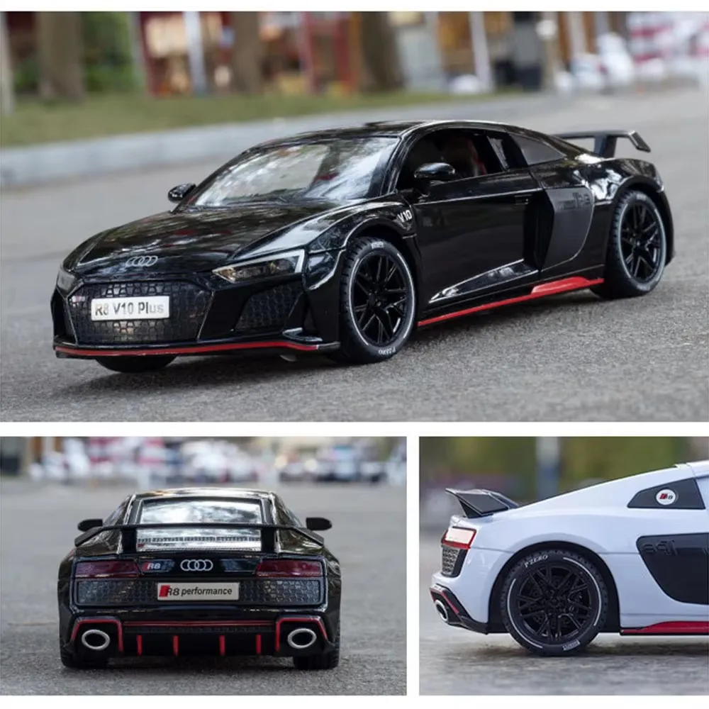 Coche fundido a presión de aleación AUDI R8 V10 Plus, escala 1:24, juguetes, modelos en miniatura, rueda extraíble, vehículos ligeros con sonido, modelo, regalos para niños