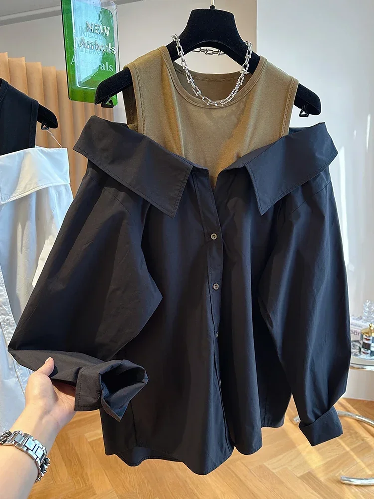 

Blusas Mujer Casual Blouse Shirts Coat Off Shoulder Design Loose Vest Sexy Patchwork Y2k Long Sleeve Shirt Fake Two Piece Top