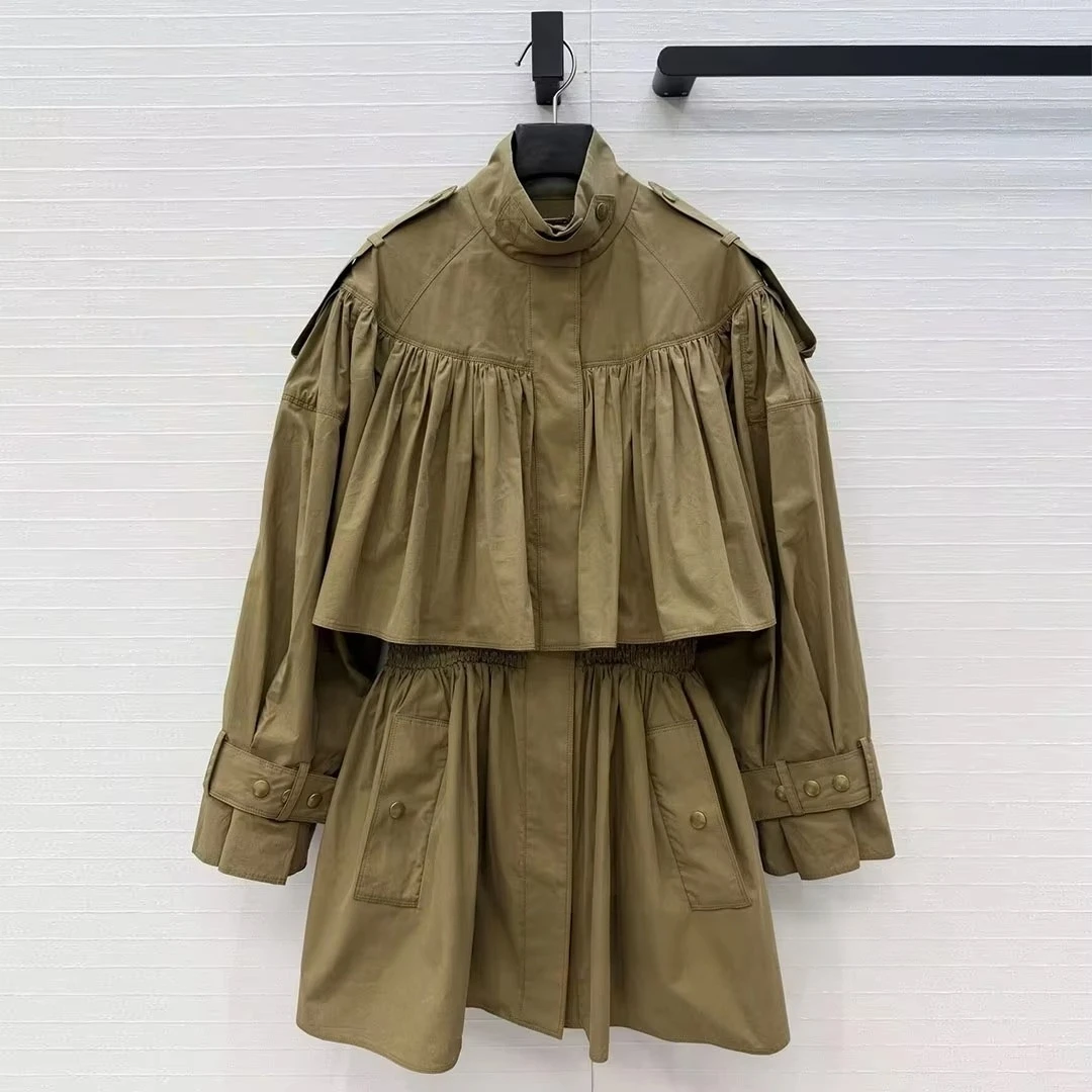 2026 New Autumn Drop Shoulder Lantern Sleeve Pleated Court Style Retro Long Trench Coat Women Elegant Fashion Slim Waist Outwear