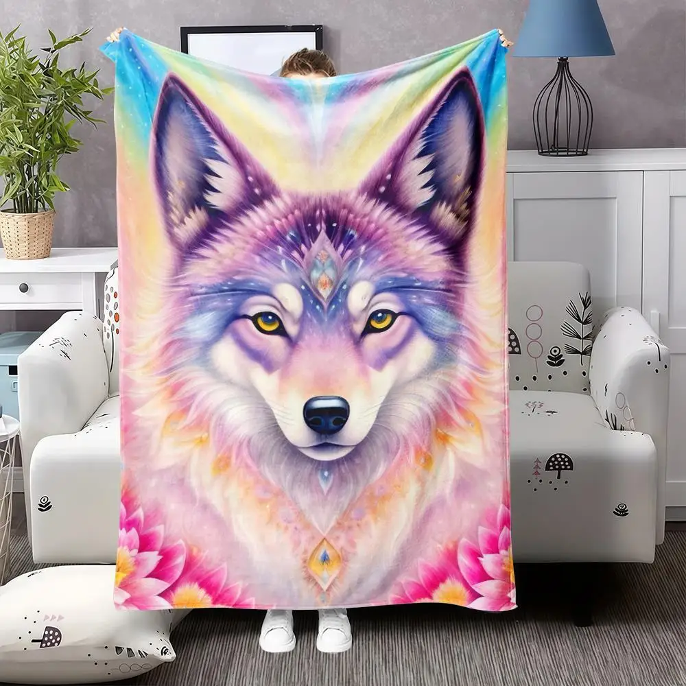 Rainbow Wolf Head Lotus Dreamy Spiritual Design Soft Cozy Throw Blanket for Sofa Bed Mystical Aura
