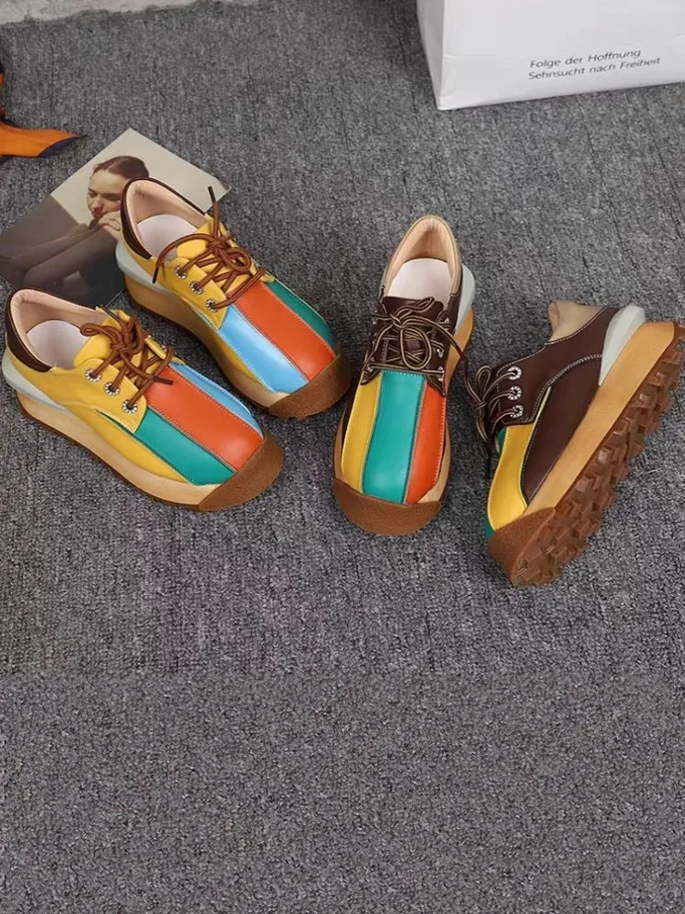 Vintage Female Designer Genuine Leather Color Block Breathable Round Toe Outdoor Jogging Sneakers Lace Up Running Trainers Shoes