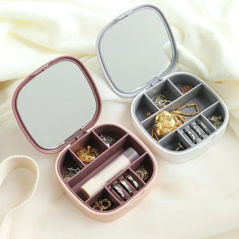 

Travel Portable Small Items Storage Lipstick Necklace Earrings Ring Multifunctional Jewelry Box with Mirror Contrast Colors