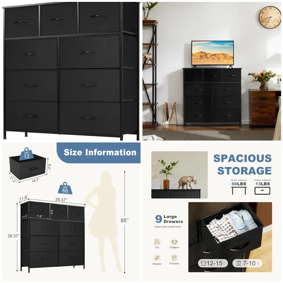 

Bedroom Dresser with 9 Drawers, Fabric Bins, Metal Frame, Wood Top – Storage Organizer for Nursery, Closet, Entryway