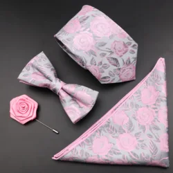 New Rose Floral Men Tie Set Polyester Jacquard Woven Necktie Bowtie Suit Vintage Red Pink For Groom Business Wedding Party Gift