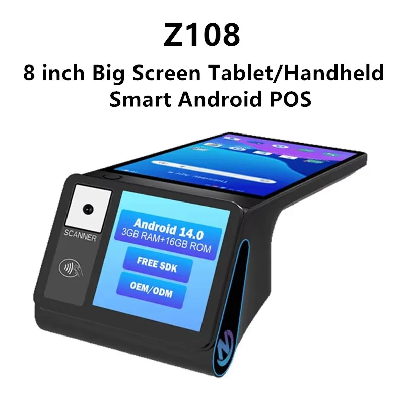 Z108 Android 14 Dual Screen POS Terminal Sales Point Cash Register Small Ticket Machine with NFC Scanner 58/80mm Thermal Printer