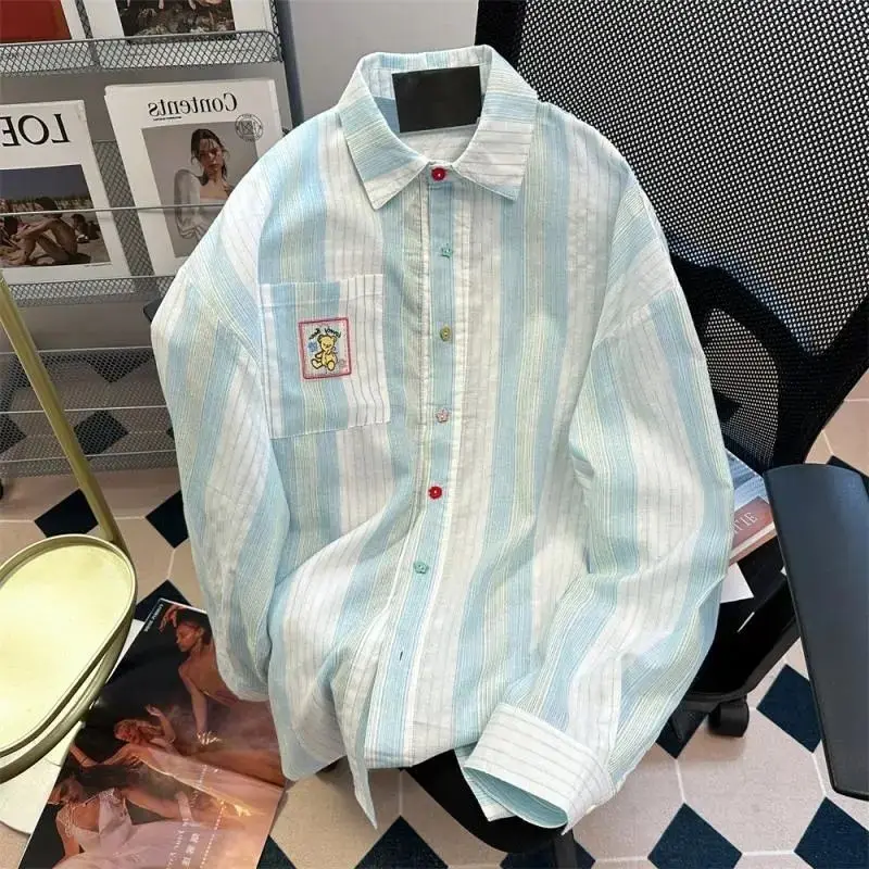 

Women Vintage Fashion Striped Print Embroidery Chic Shirt Streetwear Simple Casual Oversize Blouse Lapel Pocket Long Sleeve Tops
