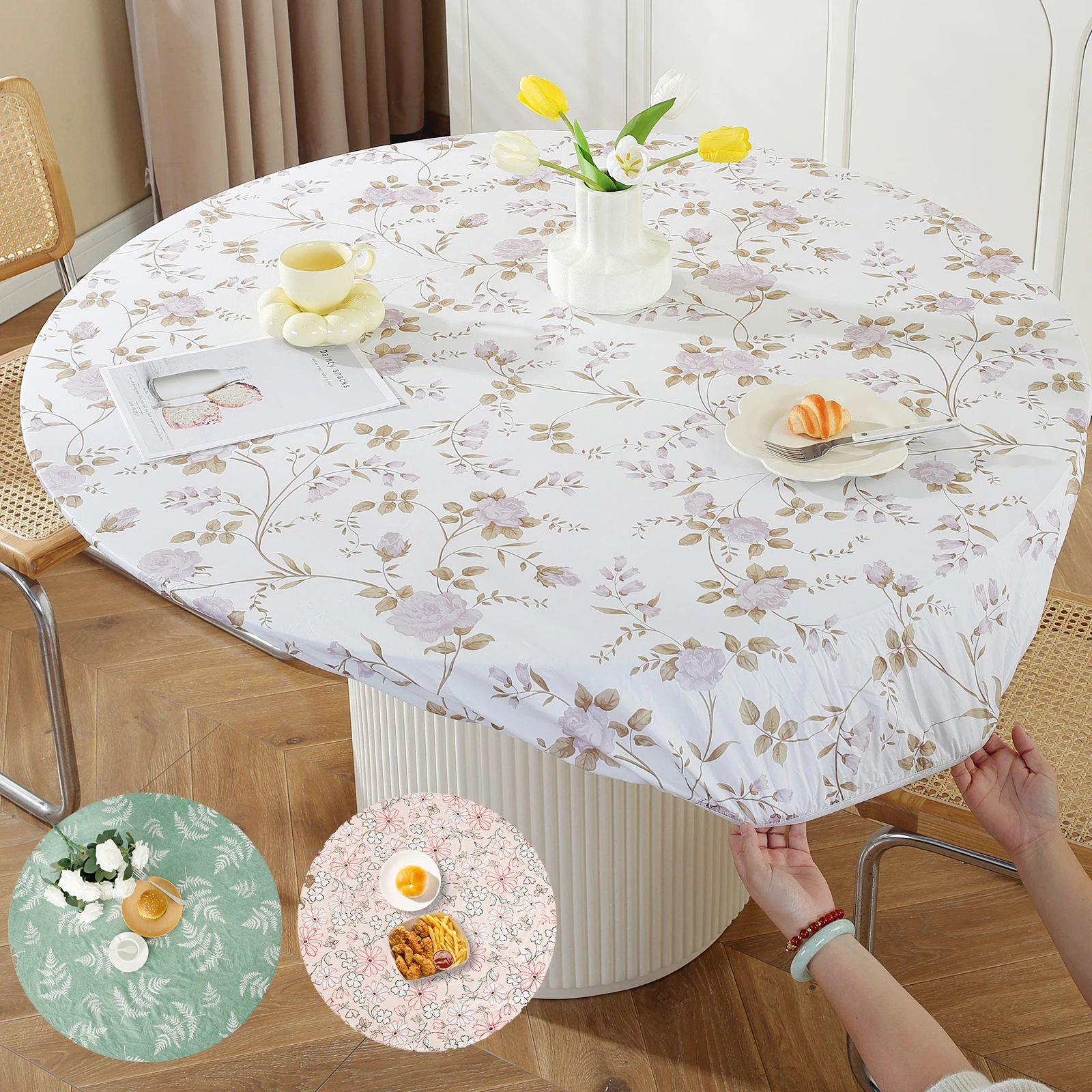 Elastic Round Table Cover Fitted Vinyl Waterproof Tablecloth Reusable Flower Dining Table Cloth For Home Table Protector Decor