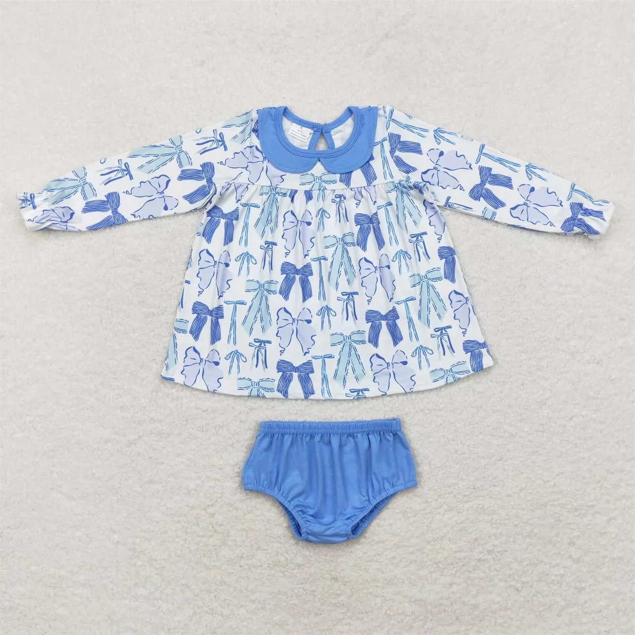 Wholesale Infant Baby Girl Toddler Bows Set Children Long Sleeves Tops Blue Cotton Bummie Shorts Kids Two Pieces Outfit