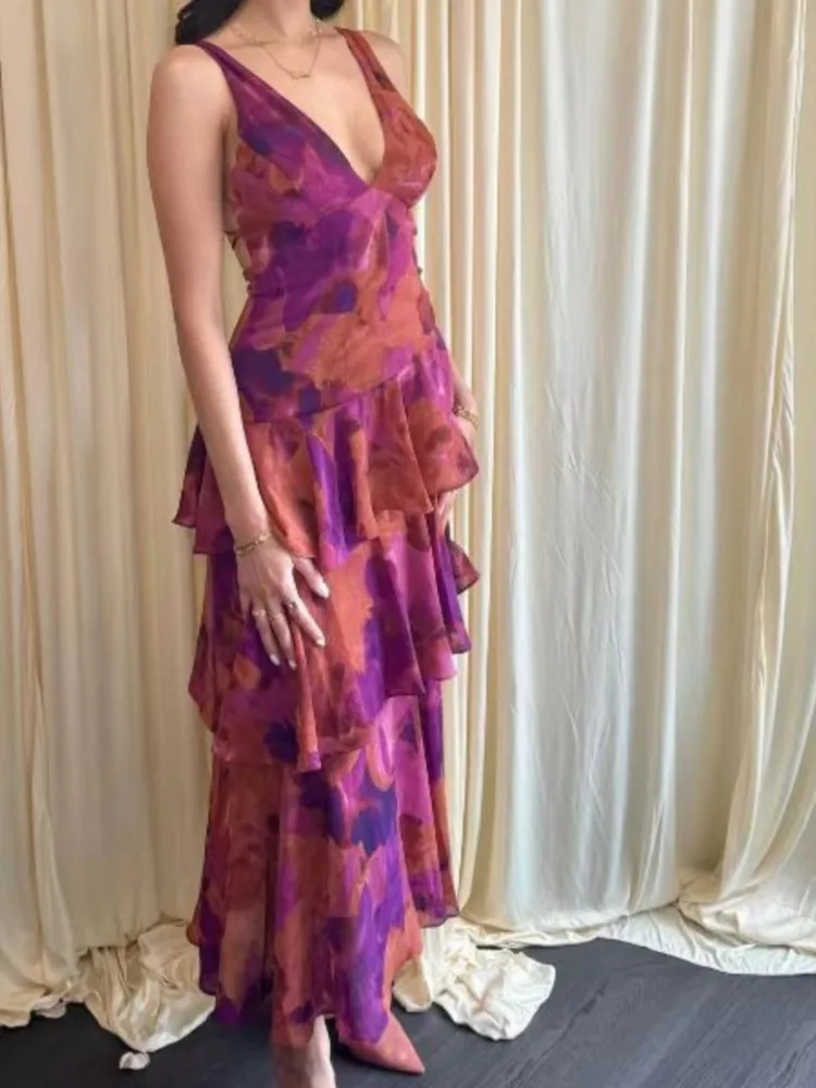 Abiti lunghi eleganti con volant Sexy scollo a V profondo Donna Stampa floreale Boho Beach Vacation Abito da festa casual Nuovi abiti Para Mujer