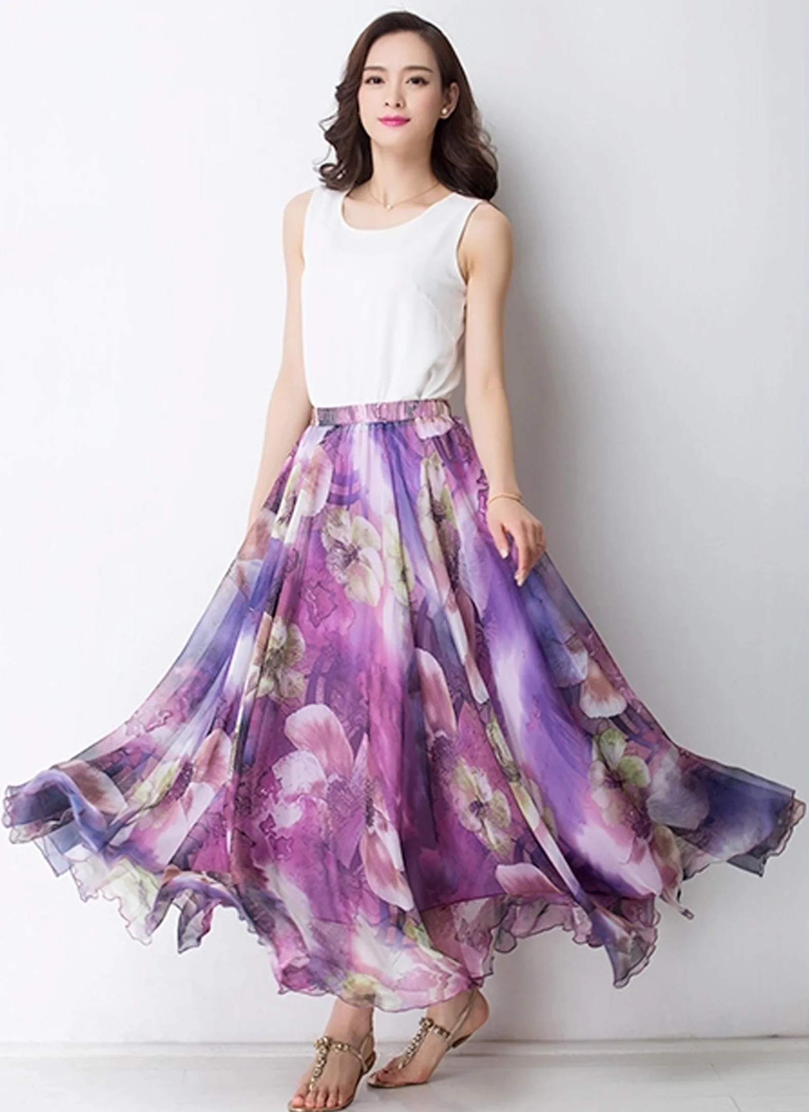 

Summer Holiday Chiffon Floral Print Holiday Bohemia Maxi Skirt Vacation Beach Korean Elastic Waist Long Skirts For Woman boho