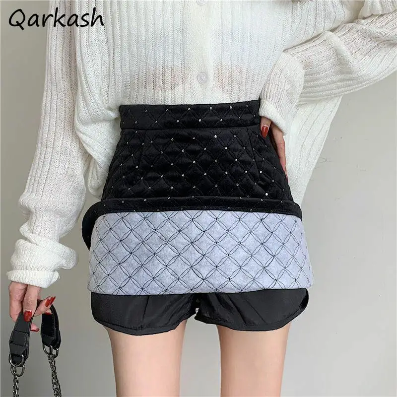 Elegant Skirts Women A-line Sequined High Waist Korean Fashion Bling Baggy Skirt Famous Lady Street Wear All-match Solid Newly