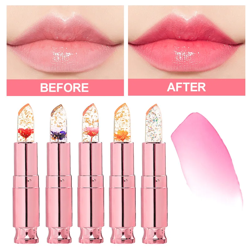 Private Label transparente Gelee Blume Lippenstift Temperatur Farbwechsel Lippen balsam Make-up sexy Lip gloss feuchtigkeit spendende Goldfolie