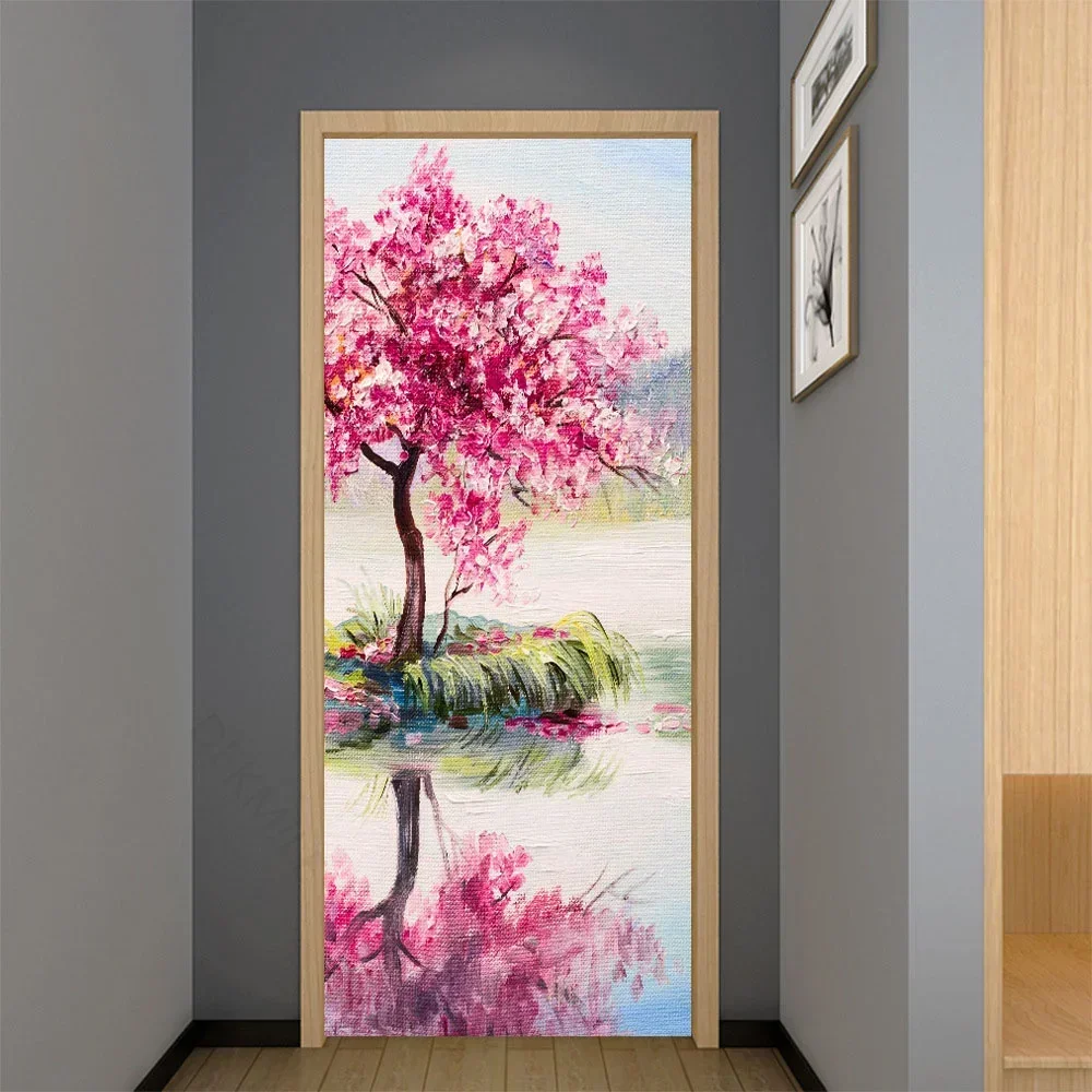 Spring Flowers Door Stickers 3d Pink Cherry Tree Stickers Beautiful Nature Flowers Mural Poster Bedroom Stickers