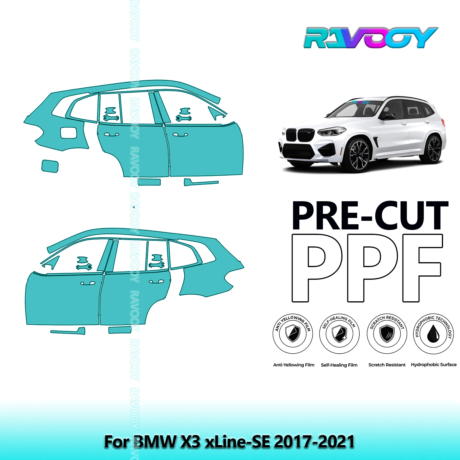 

For BMW X3 xLine-SE 2017-2021 8.5mil Clear Matte Pre-Cut PPF Door & A/B Pillar Kit TPU Paint Protection Film Set