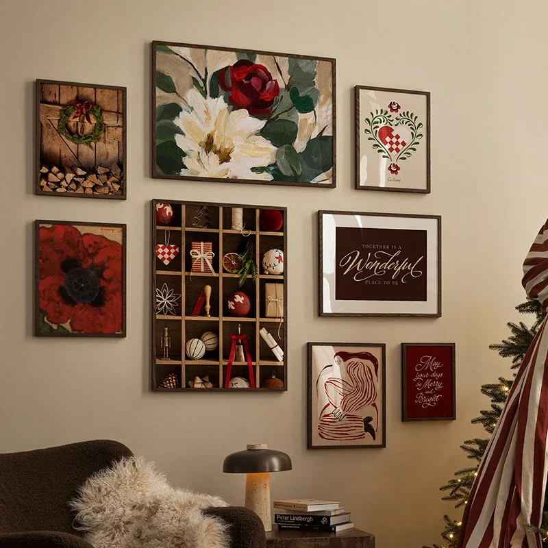 2026 Poppy Flower Cream Blooms Crimson Claus Christmas Cabinet Canvas Print Decorative Paintings Wall Art  Pictures Living room
