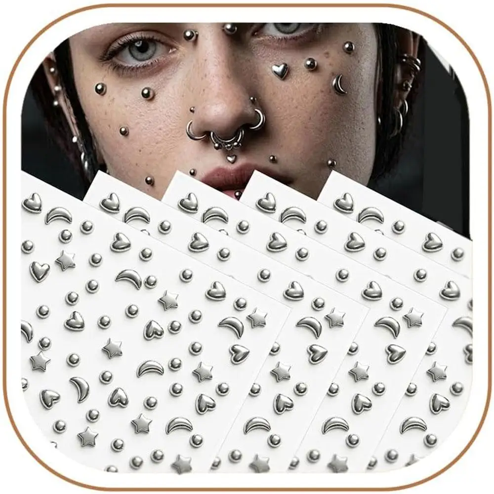 1/3/5 Sheets Star Heart Fake Piercings Balls Stick on Nose Stud Eyebrow Lip Labret Stud Temporary Adhesive Face Jewelry Stickers