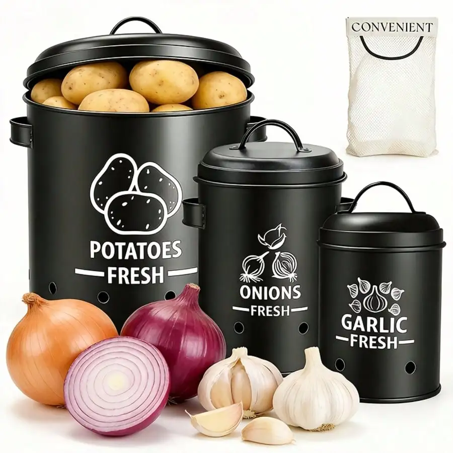 Potato Onion Garlic Storage Bin Set Farmhouse Rustic Black Metal 3-Piece Vegetable Storage Containers With Lids Aeration Holes Prevents Sprouting For Kitchen Counter Pantry Organizer Housewarming Gift Christmas Decor