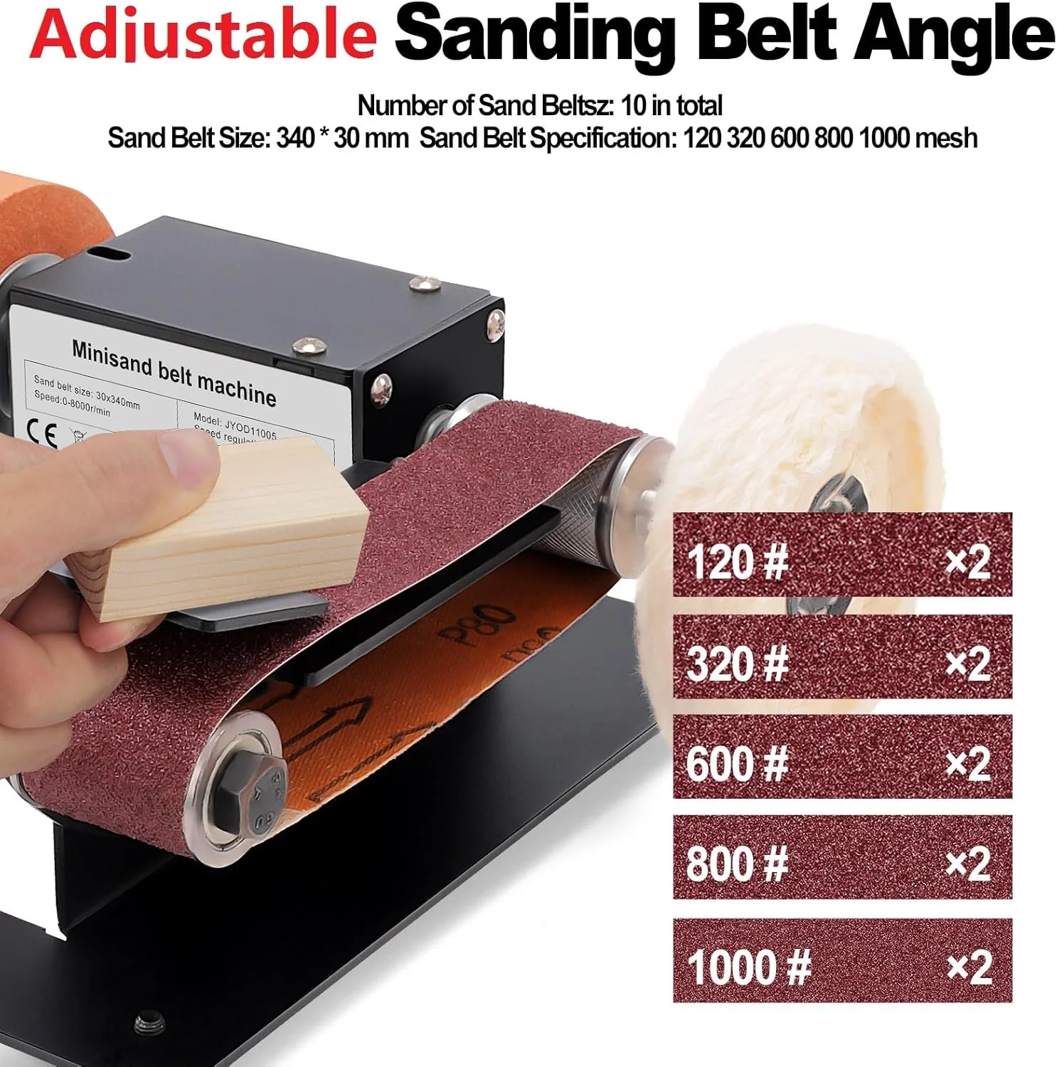 Ponceuse à bande de support, meuleuse stationnaire 350W ponceuse à bande micro électrique à angle réglable avec bandes abrasives de 10 pièces