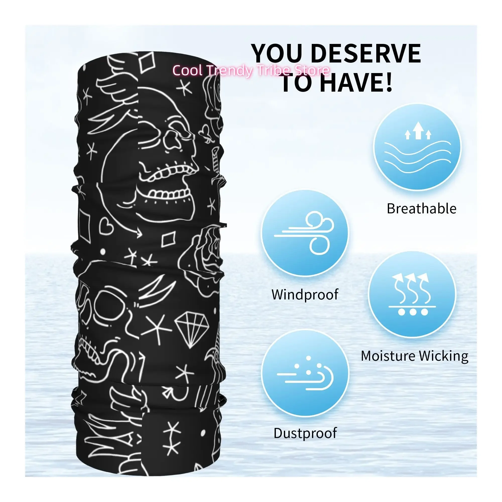 Line Retro Line Art Dark Element Diverse Collection Trendy Tattoo Style Novelty Head Scarf Bandana for Women Boho Floral Hair Wr