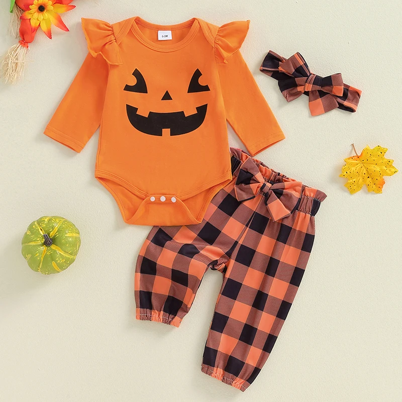 Baby Girl Halloween Clothes Toddler Outfit Pumpkin Print Long Sleeve Romper Plaid Pants Tie Headband 3 Piece Set for Fall