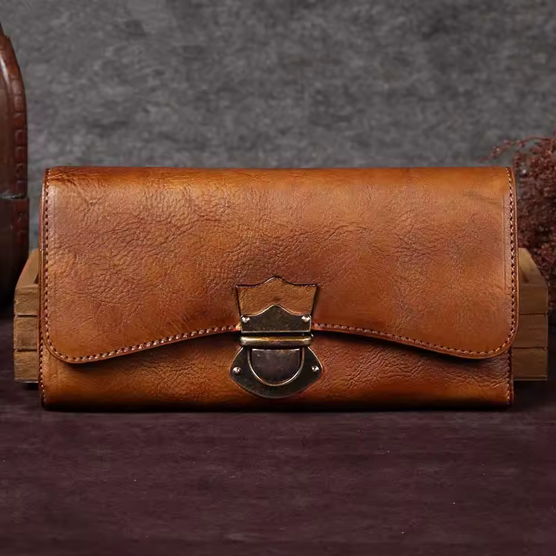 Vintage Leather Women's Long Wallets Female Card Holder Buckle Wallet Large Capacity Coin Purses Zipper Mobile Phone Clutch Bags