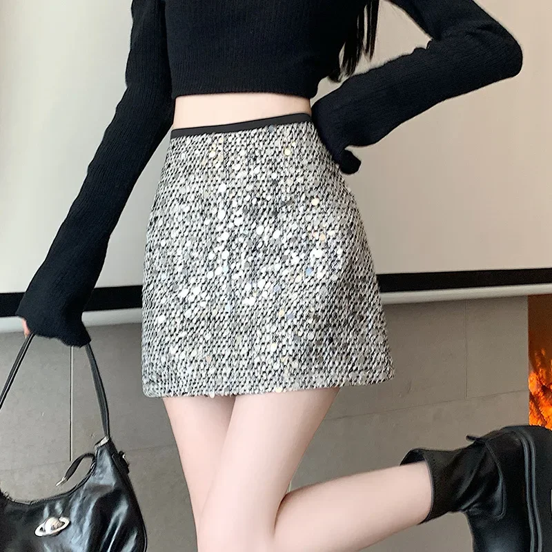 

Korean sequined spice girl skirt women's autumn and winter fragrance fashion temperament design sense high waist A-line skirt