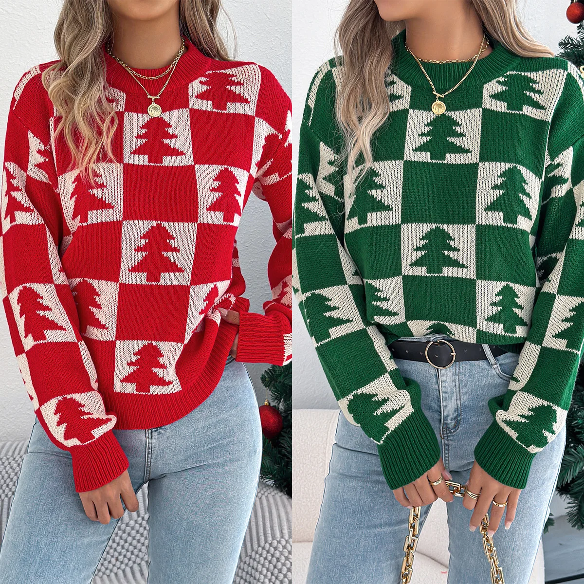 Women's Knitted Tops 2025 Autumn/Winter Christmas Tree Checkered Hoodie Sweaters Halloween Sweater Maglioni Maglioni