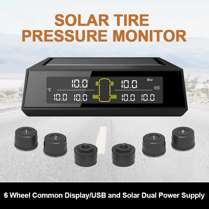 Truck TPMS 6 External Sensors Solar Power 0-8 Bar Car Tire Pressure Monitor System Intelligent Tyre Pressure Temperature Warning