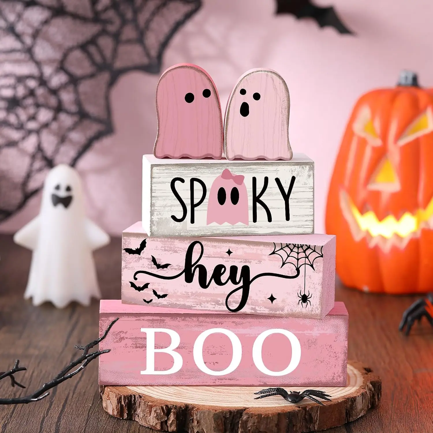 4 Pcs Pink Halloween Decor Ghost Tiered Tray Decor Set Cute Pink Ghost Tray Decorations Boo Pastel Summer Halloween Wooden Signs